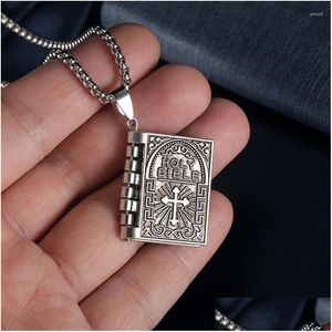 Pendant Necklaces Male Trend Vintage Bible Necklace Womans Relin Book Faith Cross Long Chain For Family Holiday Neck Jewelry Drop Del Dhayz