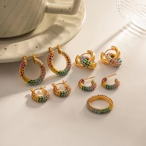 Set di orecchini per collana, anello a cerchio con strass colorato intarsiato esagerato creativo per le donne, regalo carino di gioielli in acciaio inossidabile a forma di C