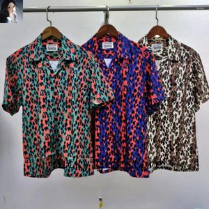 Camisas casuais masculinas colorido leopardo impressão wacko maria de alta qualidade homens mulheres streetwear camisa curta japão