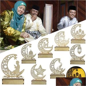 Other Festive & Party Supplies Eid Mubarak Wooden Decor Ramadan Islam Muslim Party Hollow Star Moon Blessing Word Craft Table With Led Dhtaq