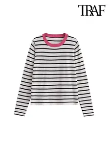 Women's T Shirts TRAF Women Fashion Contrast Striped Knit Vintage O Neck Long Sleeve Female Tops Tees Mujer