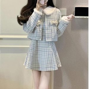 Work Dresses French Vintage Blue Plaid Dress Women Lace Kawaii Elegant Party Mini Female Bow Korean Style Sweet Strap Spring 2024