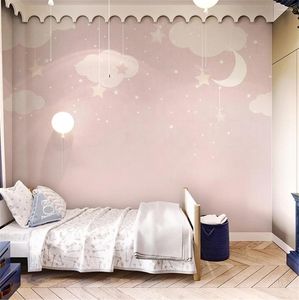 Bakgrundsbilder Custom Cartoon Warm Pink Star Cloud Wallpaper Children's Room Girls 'Bedroom Decoration Bakgrund Hem Förbättring 3D -klistermärken