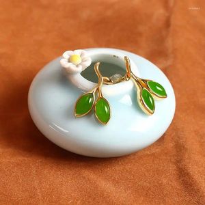 Dangle Earrings Independent Design Ancient Gold Craftsmanship Natural Hetian Jade Leaves Horse Eye Shape Elegant Luxury Ladies Silver