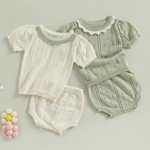 Set di abbigliamento Vestiti per bambina 2 pezzi T-shirt estiva in maglia a maniche corte con pantaloncini elastici in vita adatti per set da bambino solido