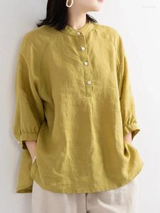 Blusas femininas algodão e linho 2024 versão coreana camisa de cor sólida tamanho grande moda convencional simples solto casual topo