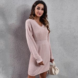 Abiti Atuendo Inverno Caldo Moda Abito Rosa per Donna Vintage Casual a Vita Alta Maglione Lavorato a Maglia Vestaglia per Il Tempo Libero Abiti Sottili Morbidi Sexy