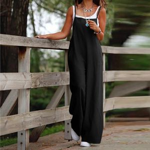 Womens Sleeveless Plus Size Jumpsuit Cotton And Linen Solid Loose Wide Leg Slash Pocket Casual Ankle-Length Pants 240130