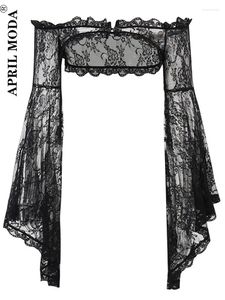 Koszule damskie retro vintage długie rękawy flary smock koszulka estetyczna czarna koronka z urazy na ramion