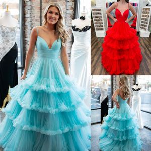 Ruffle Ballgown Formal Event Dress 2024 Paski spaghetti Aqua Tiulle Pageant Paom Birthday Event Party dla Lady Saudi Arabia Arabia Red Carpet Runway Dramat V-cut Back