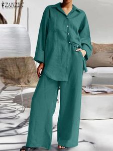 سراويل سروال للسيدات من سروال أزياء أزياء أزياء مضمار مدفوع للسيدات Zanzea 2024 Spring Wide Leg مجموعات غير رسمية سراويل القميص الفضفاضة 2pcs