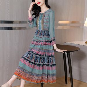 Sukienki 2022 Green kwiatowy jedwabny sukienki Maxi sukienki eleganckie bodycon impreza scedos Summer vintage Casual 4xl Rozmiar drukowania midi sukienka midi