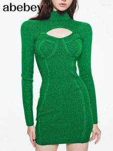 Casual Dresses Hollow Out Sexy Sweater Dress Half High Collar Long Sleeve A Line Midi Women Elastic Slim Solid Knitted