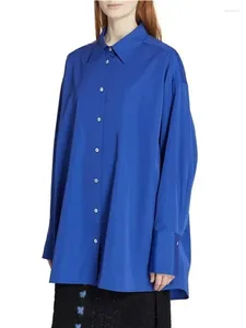 Damenblusen 2024 Frühfrühling Damen Blau Elegantes Hemd mit langen Baumwollärmeln