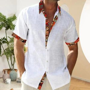 Mäns casual skjortor tryckt krage skjorta sommaren med avstängda korta ärmar färgmatchning tryck för semester strand andningsbar