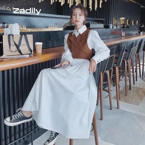Dresses 2022 Spring Office Lady Twopiece Suit Work Maxi Dress Women Long Sleeve Stripe Button Up Shirt Dresses Free Shipping Vestidos