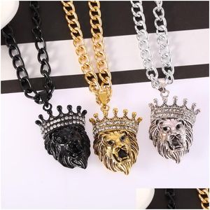 Pendant Necklaces Lion Head Crown Pendant Necklace Hip Hop Jewelry Mens Necklaces Drop Delivery Jewelry Necklaces Pendants Dhdiu