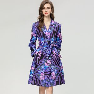 Women's Runway Trench Coats Notched Collar Long Sleeves Floral Printed Fashion High Street Designer Outerwear with Belt