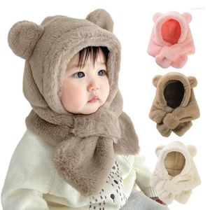 Hårtillbehör vinter baby hatt halsduk ett stycke faux päls barn hattar tecknad björn varm nacke öronmössa för pojkar flickor vindtäta mössor spädbarn
