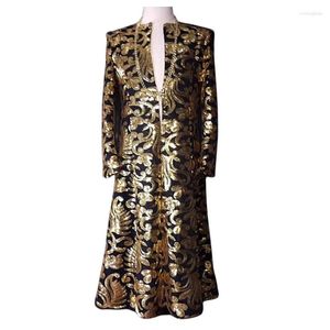 Stage Wear Flash Gold Sequins Long Trench Coat Autumn Winter Men Fashion Slim Outerwear Nightclub Singer Concert Outfit Host Costumes