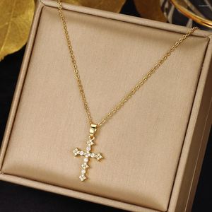 Pendant Necklaces Female Full Zircon Big Cross Chains For Women Gold Color Metal White Stone Clavicle Necklace Birthday Jewelry