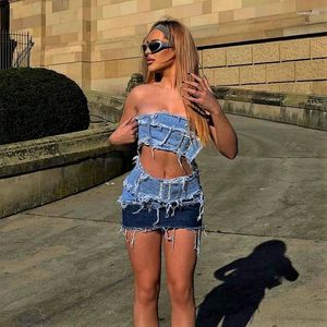 Work Dresses Ripped Denim 2 Piece Skirt Sets Dress 2024 Summer Women Clothes Y2K Streetwear Jean Sexy Crop Tops Two Set Outfit