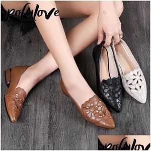 Scarpe da ballo Pofove Tacco medio Donna Tacchi da sposa in pelle Pu Scava fuori Nero Quadrato Formale Office Lady Primavera Autunno Zapatos Drop Deliv Dhu1G