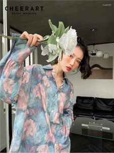 Damenblusen CHEERART Vintage Floral Übergroßes Hemd für Frauen Tie Dye Langarm Top und Bluse Button Up Baggy Ölgemälde 2024