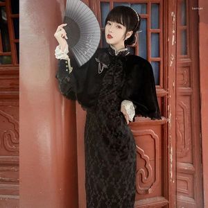 Ethnic Clothing Chinese Dress Hanfu Traditional Retro Vestido Chino Elegant Cheongsam Shawl Qipao Two-piece White Black Women Autumn Long