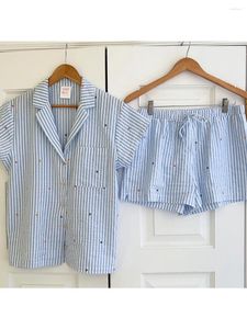 Kvinnors träningsdräkter Siyova kvinnors sommarshorts kläder pyjamas 2 bit kort ärm lapel toppar randtryck med elastisk midja söt