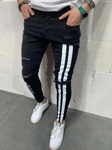 Stripe Printing Dins Men Botton Elastyczne Zerwane Chude Dżinsy Wysokiej jakości Hip Hop Black Hole Slim Fit Oversize Denim Pants 240118