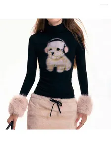 Women's T Shirts 2024 Dark Korean Fashion Dog Printed Tops Y2k Cute Faux Fur Patches Turtleneck Crop Gothic Skinny Female Winter T-shirt