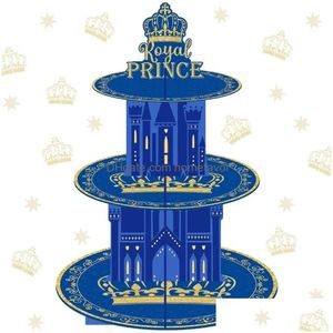 Outros suprimentos de festa de evento Joymemo Royal Prince Bolo Cupcake Stand Azul 3-Tier Titular Aniversário Decorações de Chuveiro de Bebê Dr Homefavor Dhwfd