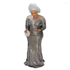 Casual Kleider 2024 Afrikanische Mode Damen Tragen Pailletten Perlen Abendkleid Slim Fit Fischschwanz Langarm Reine Farbe