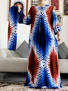 Etnik Giyim 2024 Afrikalı Kadınlar Uzun Kollu Kravat Boyalı Renkli Dashiki Pamuk Çiçek Elbise Baskı Gevşek Kaftan Günlük Vestido