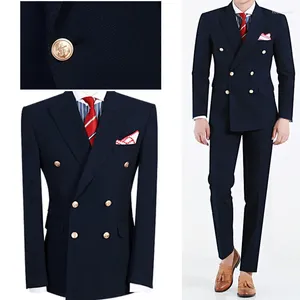 Erkekler lacivert çift göğüslü göğüslü erkekler 2 adet en son tasarım zirvesi yaka düğün damat moda terno maskulino blazer setleri