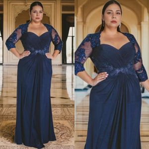 Navy Blue Vintage Mother Of The Bride Dresses 3/4 Sleeves Beaded Lace Pleated Chiffon Mother's Dresses For Arabic Black Women Wedding Guest Outfit Gowns AMM049