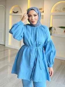 Ethnic Clothing Women Eid Muslim Sets Two Pieces Musulman Ensemble Dubai Arab Single Breasted Blouses Wide Leg Pants Solid Color Belt Button