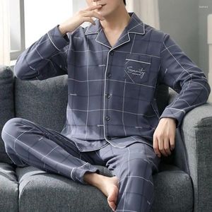 Erkekler Men Pijama Pijama Set Lounge Wear 2pcs/Set Ekose Baskı Uzun Kollu Gömlek Üstleri İlkbahar İçin Elastik Bel Pantolon