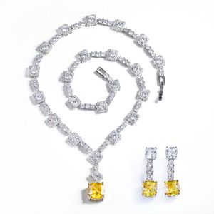 Super Shiny Big Square Yellow Cubic Zirconia Stone Wedding Bridal Necklace Earrings Party Costume Jewelry Sets for Women T0726 240202