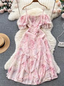 Бальные платья SINGREINY, шифоновое длинное платье в стиле ретро во французском стиле с открытыми плечами, винтажный сарафан с открытой спиной, корейский пляжный макси с цветочным принтом