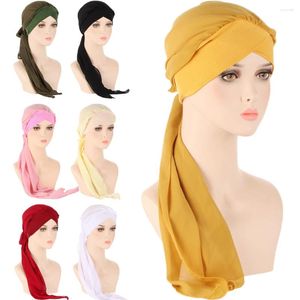Roupas étnicas Pré-amarrado Chapéu Mulheres Muçulmanas Cauda Longa Hijab Turbante Islâmico Lenço Bonnet Chemo Cap Perda de Cabelo Capa Bandanas Turbante Mujer