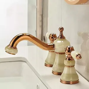 Badrumsvaskar kranar utbredd bassäng kran kran mässing tre hål vattenblandare marmor och material guld ros