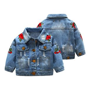 Våren och hösten baby flickor denimjackor rockar blomma broderi mode barn outwear coat barn casual jacka 240122