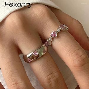 Cluster Anéis Foxanry Espumante Rosa Zircons Noiva para Mulheres Casais Coreano Na Moda Criativo Amor Coração Geométrico Festa de Casamento Jóias