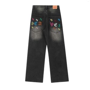 Męskie koszule litera haft haftowe dżinsy vintage men proste workowate dżinsowe spodnie czarne retro niebieskie luźne spodnie
