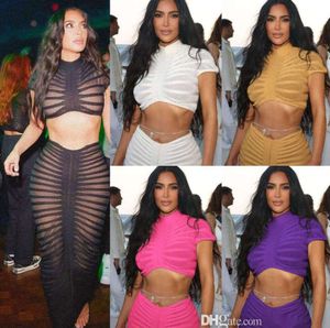 Sexy Mesh Knitted Two Piece Set Women Designer Nightclub Clothes Short Sleeve Crop Top Low Waist Wrap Hip Skirt Sets For Ladies 2 PCS Outfits