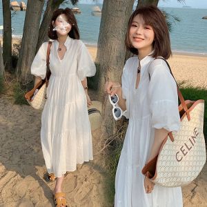 Dresses 2022 Spring and Summer Super Fairy Loose Pregnant Women Dress Short Sleeve VNeck White Cotton Dress For Maternity Beach Dresses