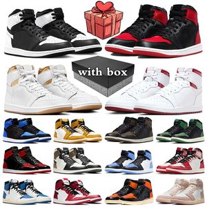 con Box jumpman 1 1s scarpe da basket Reverse Panda Giallo Ocra Satin Bred Patent Metallic Borgogna Royal Reimagined uomo scarpe da ginnastica donna sneakers sportive