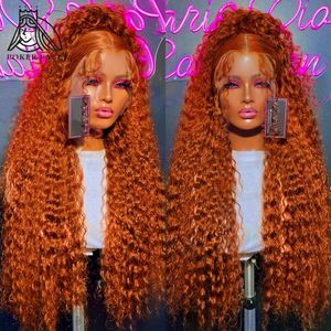 30 tum Ginger Orange Curly 13x4 Transparent spets främre mänskliga hår peruker Löst djup vågfärgad front för kvinnor 240130